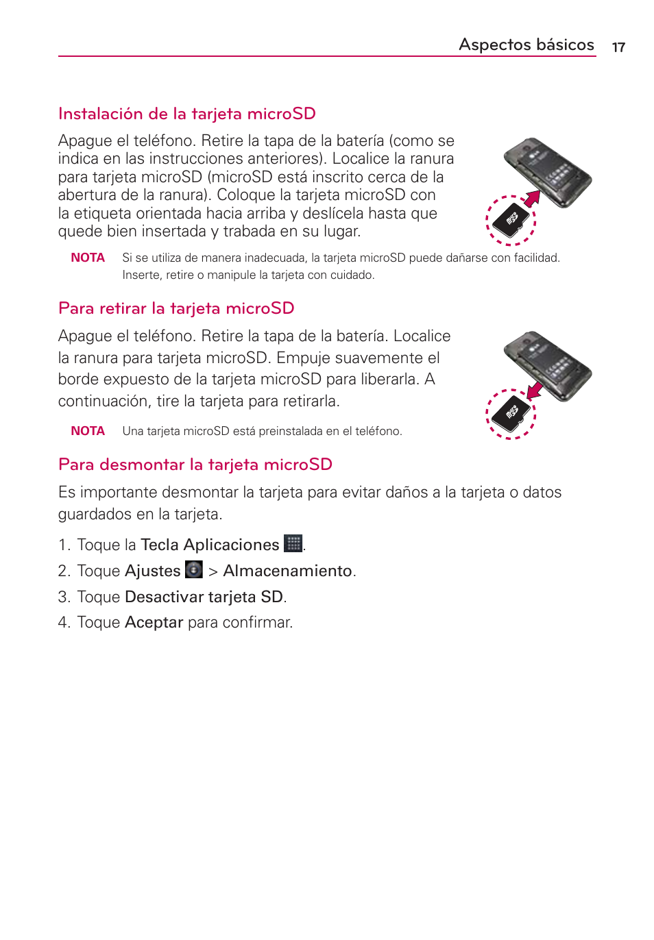 Aspectos básicos instalación de la tarjeta microsd, Para retirar la tarjeta microsd, Para desmontar la tarjeta microsd | LG AS680 User Manual | Page 198 / 372