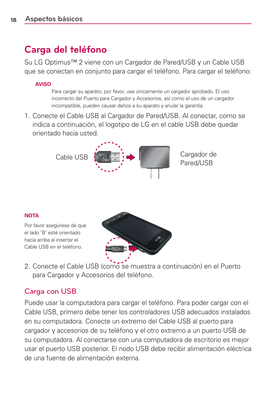 Carga del teléfono, Aspectos básicos, Carga con usb | LG AS680 User Manual | Page 199 / 372