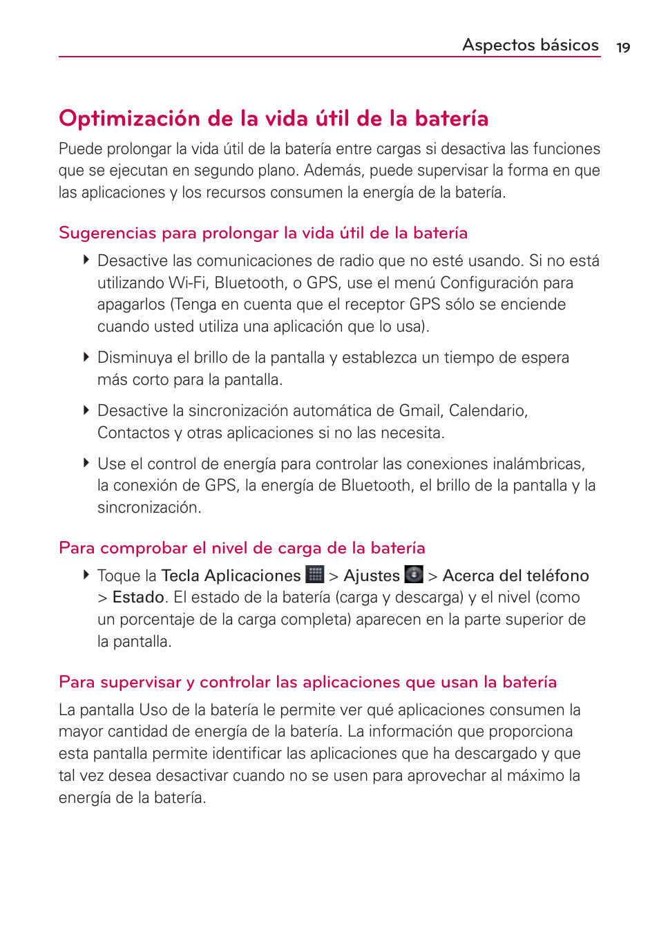 Optimización de la vida útil de la batería | LG AS680 User Manual | Page 200 / 372