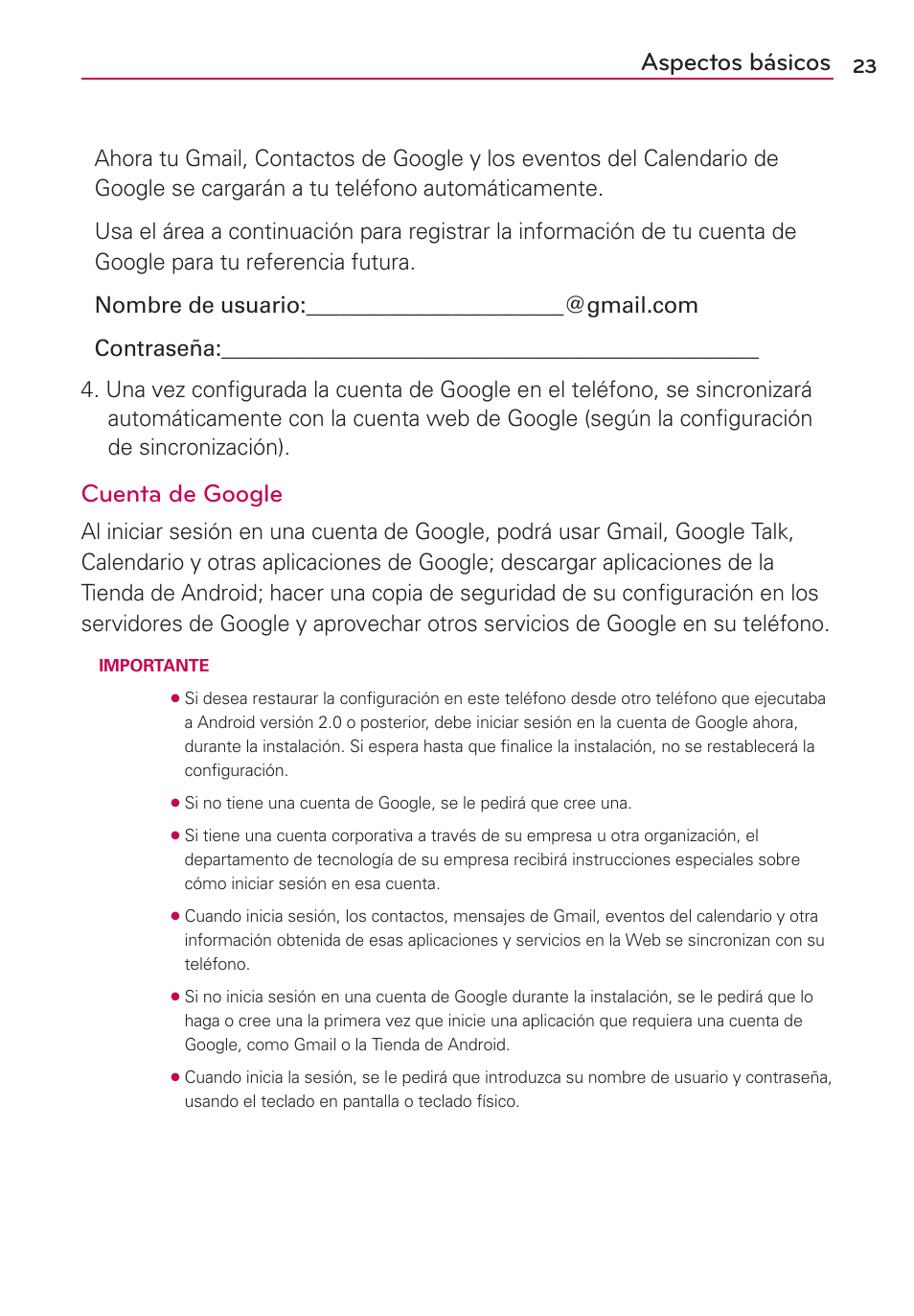 Aspectos básicos, Cuenta de google | LG AS680 User Manual | Page 204 / 372