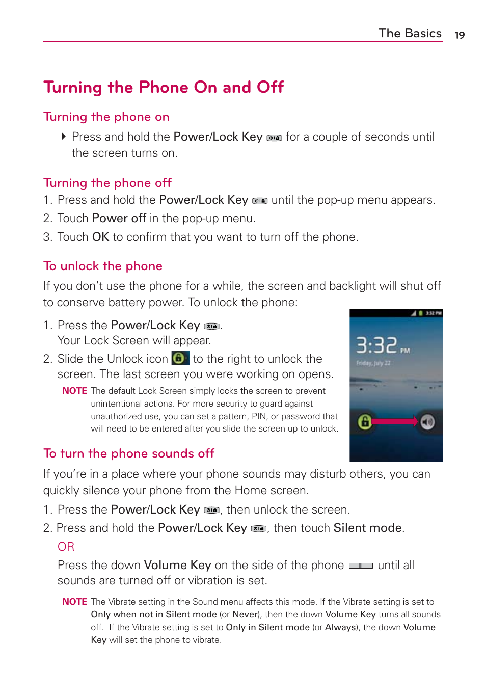 Turning the phone on and off, The basics, Turning the phone on | Turning the phone off | LG AS680 User Manual | Page 21 / 372