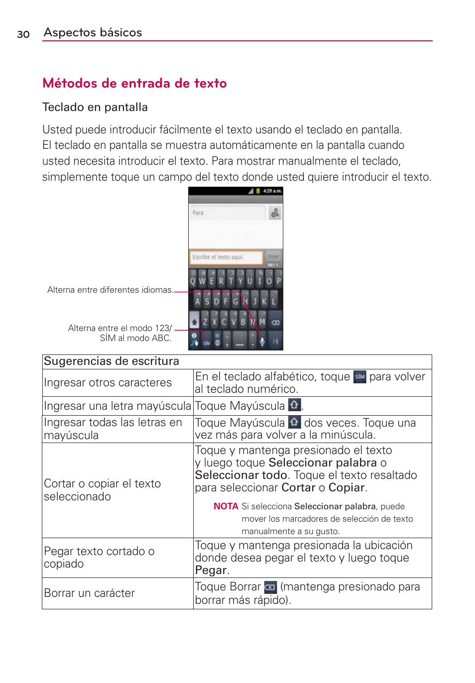 Métodos de entrada de texto, Aspectos básicos | LG AS680 User Manual | Page 211 / 372