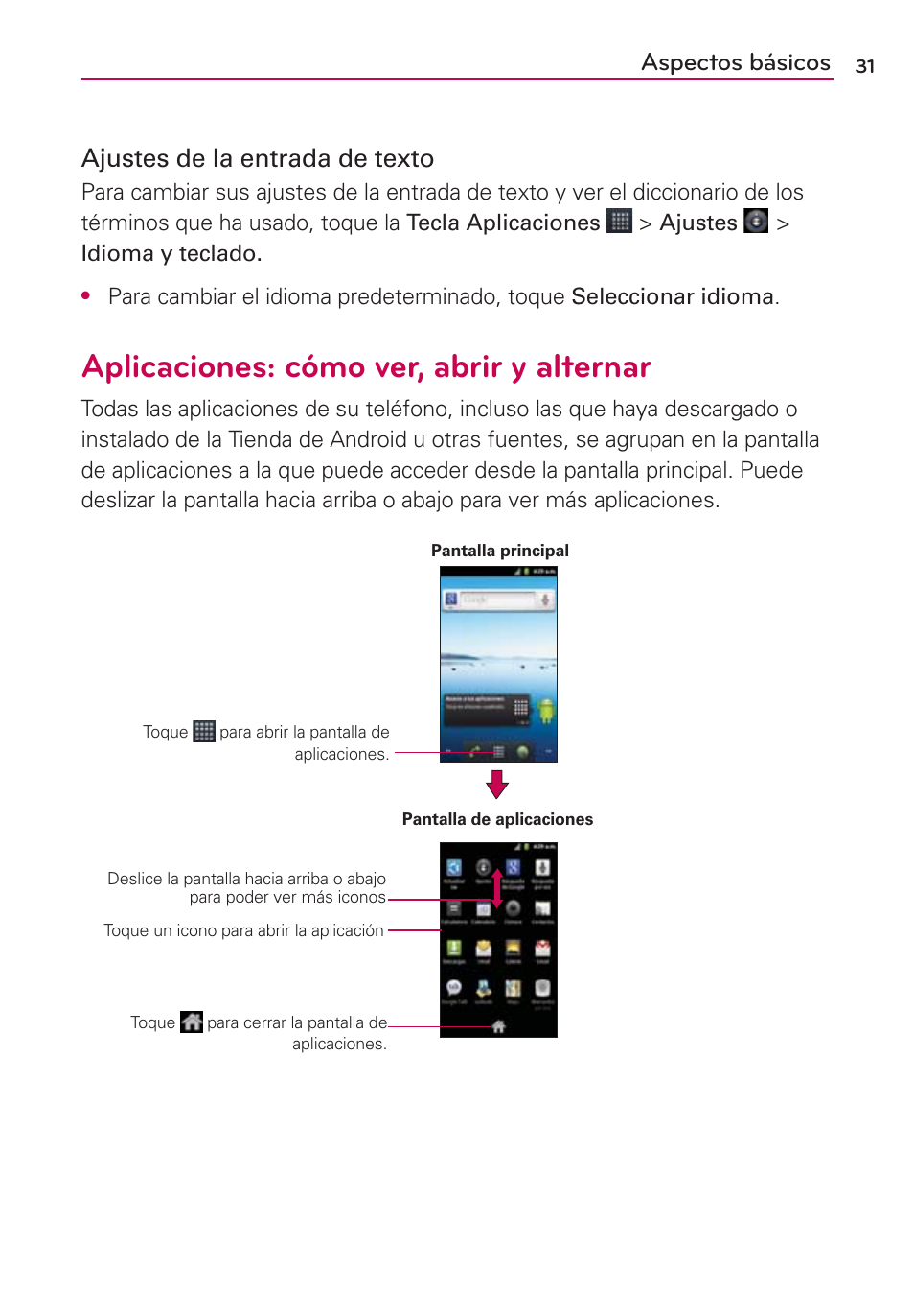 Aplicaciones: cómo ver, abrir y alternar, Aspectos básicos ajustes de la entrada de texto | LG AS680 User Manual | Page 212 / 372