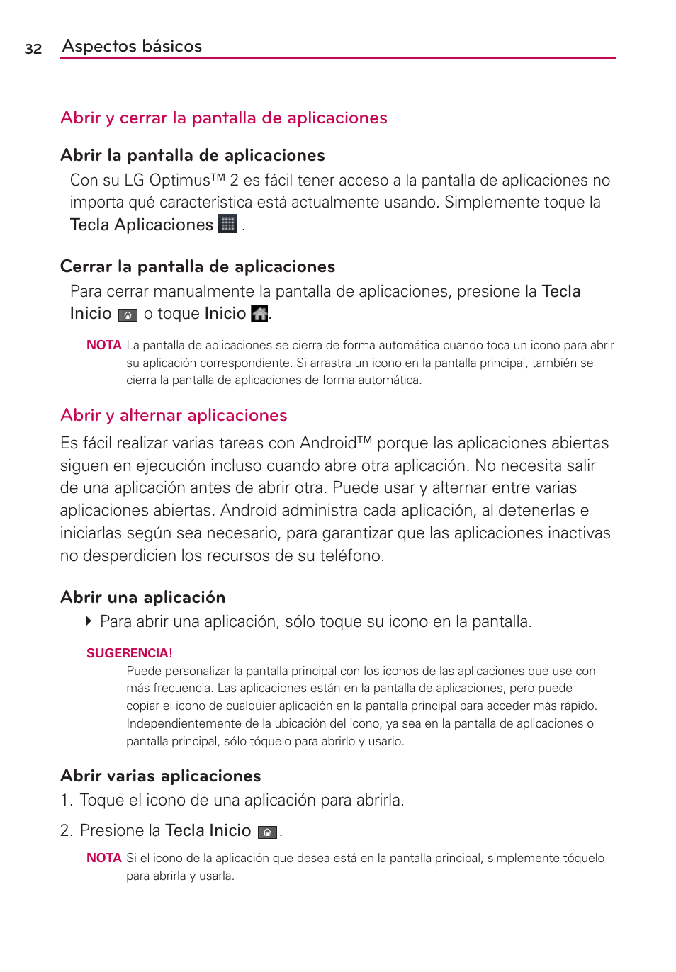 Cerrar la pantalla de aplicaciones, Abrir y alternar aplicaciones, Abrir una aplicación | Abrir varias aplicaciones | LG AS680 User Manual | Page 213 / 372