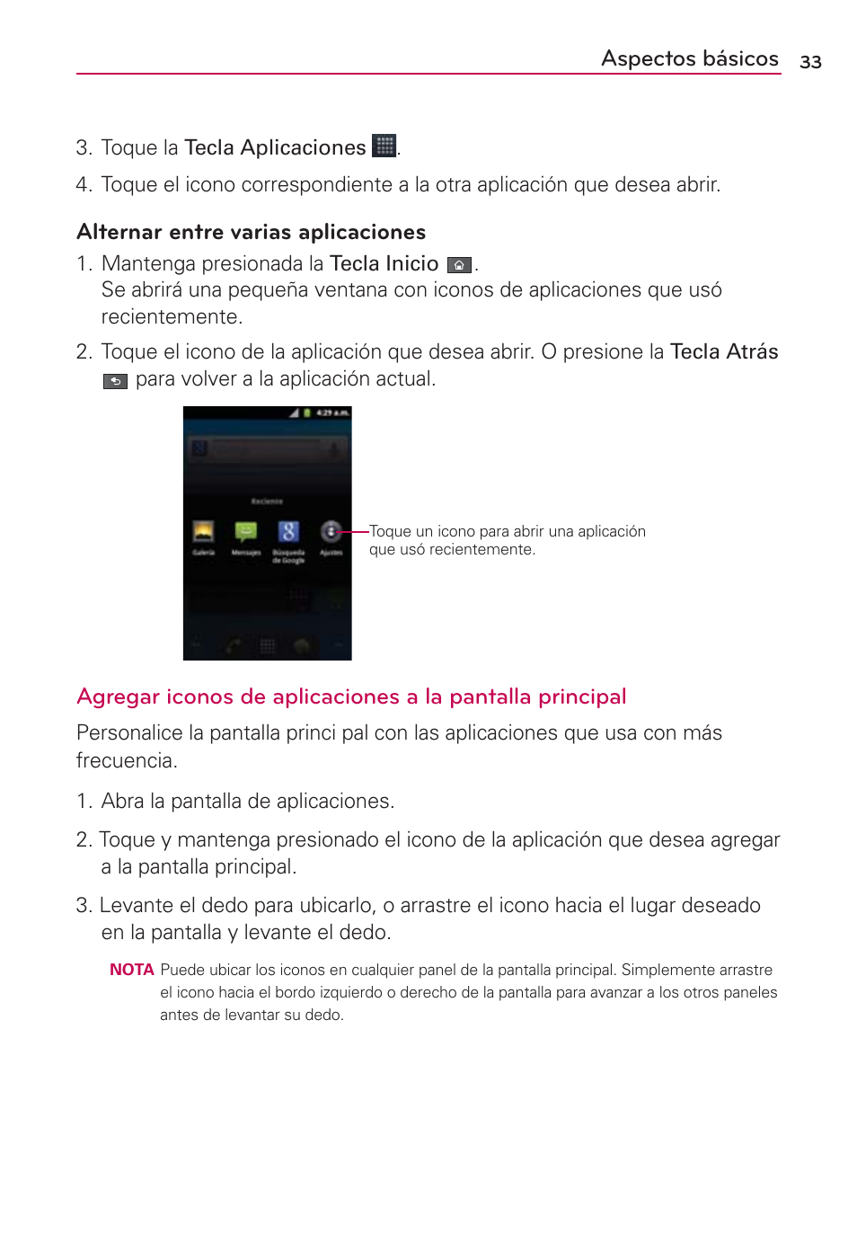 Aspectos básicos, Alternar entre varias aplicaciones | LG AS680 User Manual | Page 214 / 372