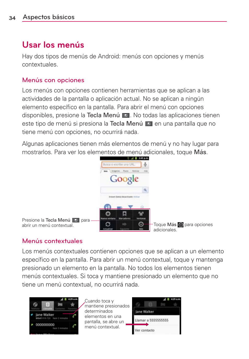 Usar los menús, Aspectos básicos, Menús con opciones | Menús contextuales | LG AS680 User Manual | Page 215 / 372