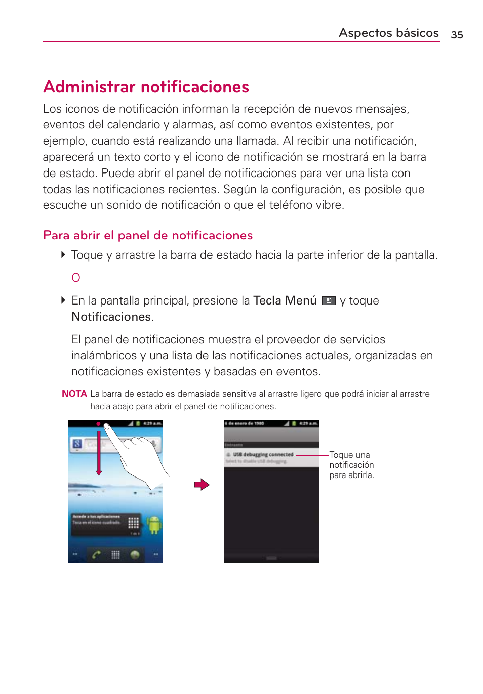 Administrar notificaciones, Administrar notiﬁcaciones, Aspectos básicos | Para abrir el panel de notiﬁcaciones | LG AS680 User Manual | Page 216 / 372