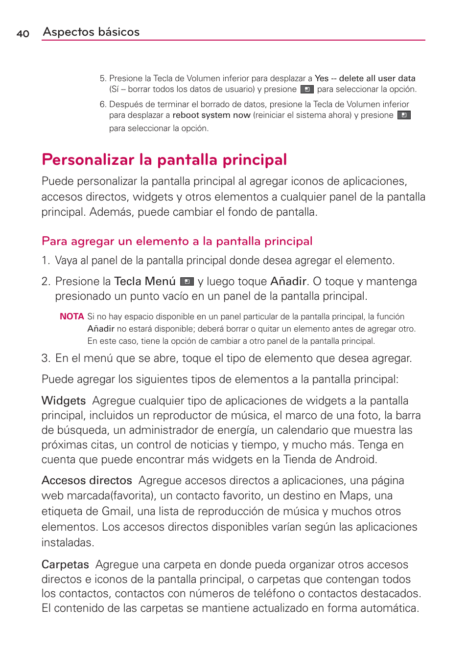 Personalizar la pantalla principal, Aspectos básicos, Para agregar un elemento a la pantalla principal | LG AS680 User Manual | Page 221 / 372