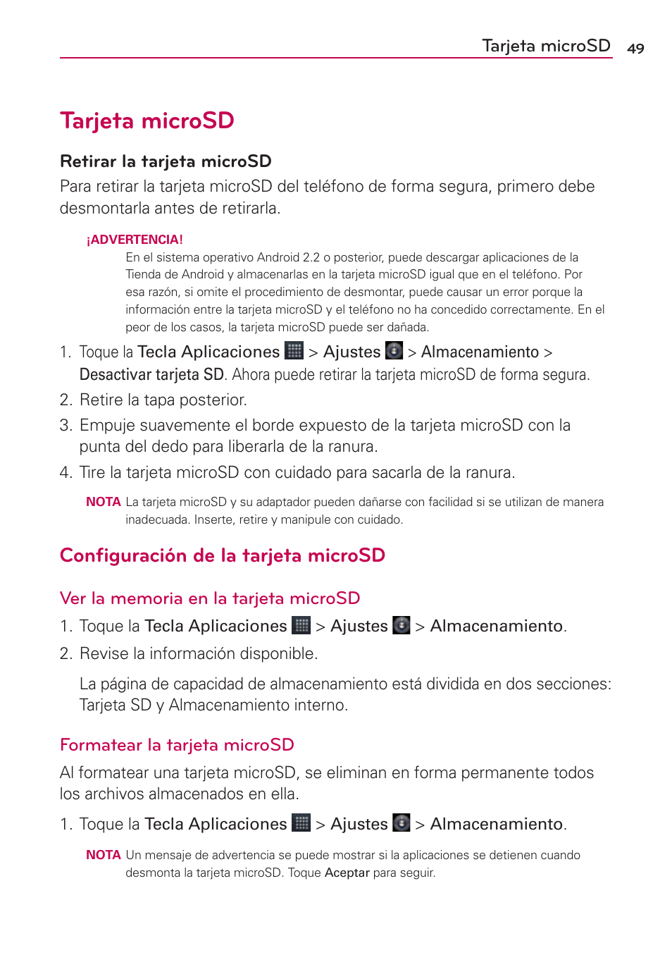 Tarjeta microsd, Conﬁguración de la tarjeta microsd, Retirar la tarjeta microsd | Formatear la tarjeta microsd | LG AS680 User Manual | Page 230 / 372