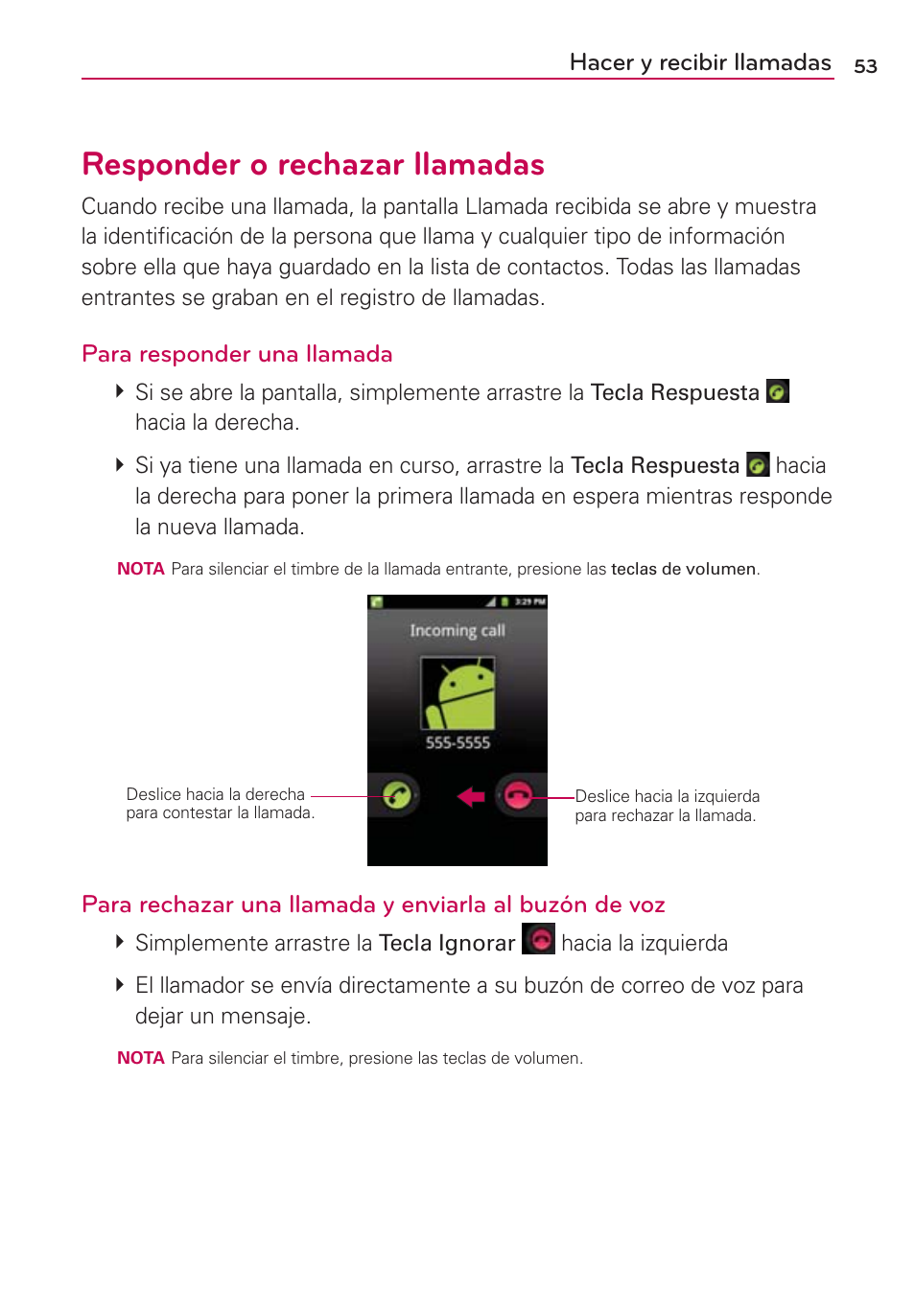 Responder o rechazar llamadas, Hacer y recibir llamadas, Para responder una llamada | LG AS680 User Manual | Page 234 / 372