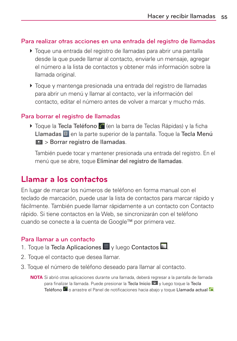 Llamar a los contactos, Para borrar el registro de llamadas, Para llamar a un contacto | LG AS680 User Manual | Page 236 / 372