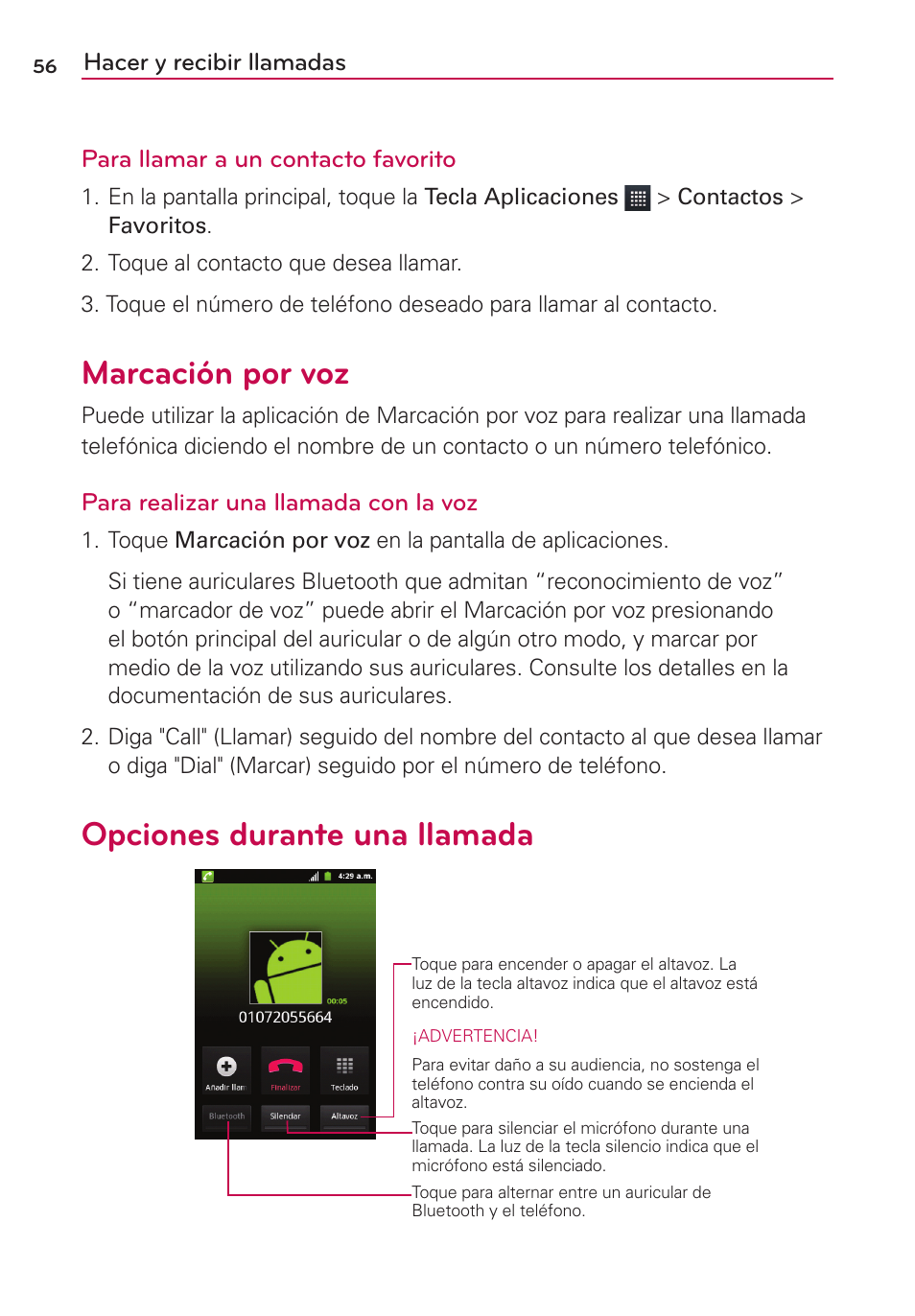 Marcación por voz, Opciones durante una llamada, Para realizar una llamada con la voz | LG AS680 User Manual | Page 237 / 372