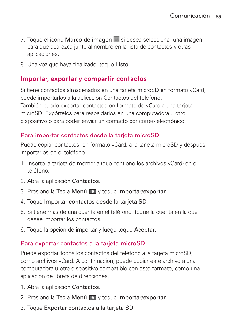 Importar, exportar y compartir contactos | LG AS680 User Manual | Page 250 / 372