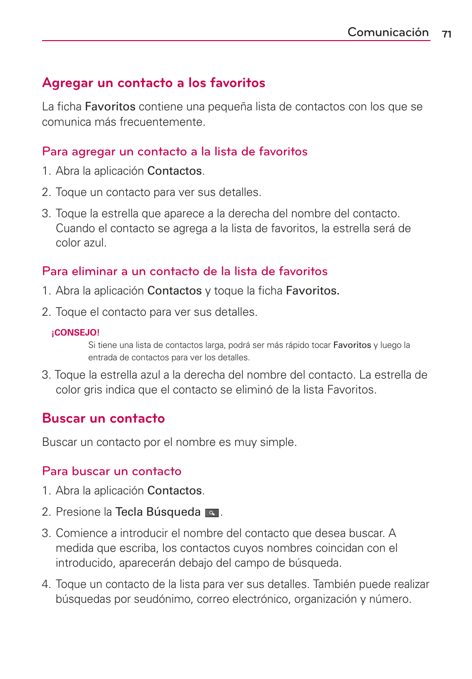 Agregar un contacto a los favoritos, Buscar un contacto | LG AS680 User Manual | Page 252 / 372