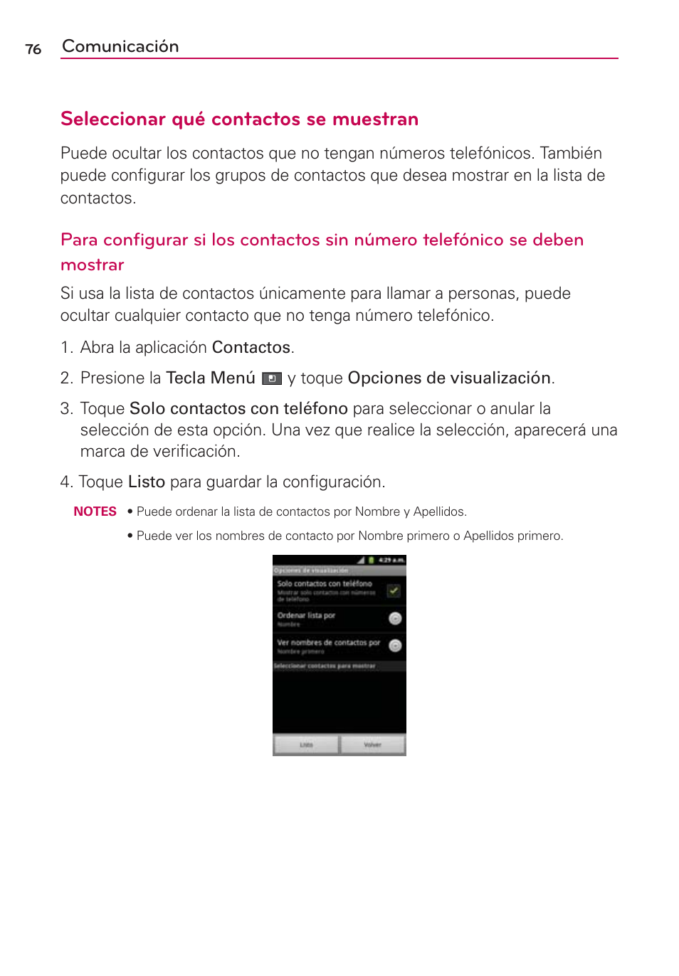 Seleccionar qué contactos se muestran, Comunicación | LG AS680 User Manual | Page 257 / 372