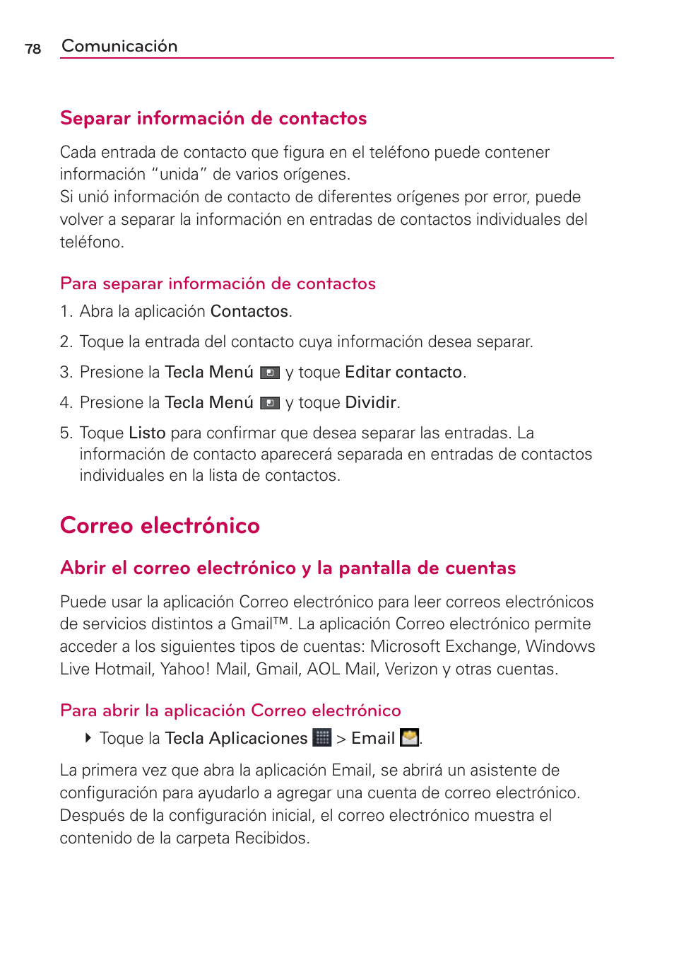 Correo electrónico, Separar información de contactos | LG AS680 User Manual | Page 259 / 372