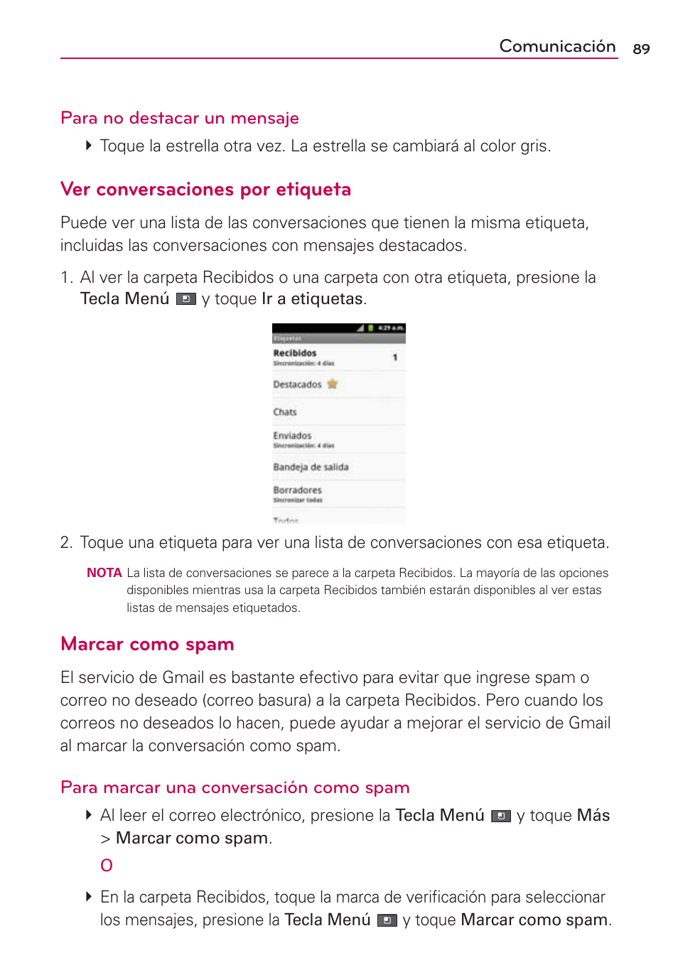 Ver conversaciones por etiqueta, Marcar como spam | LG AS680 User Manual | Page 270 / 372