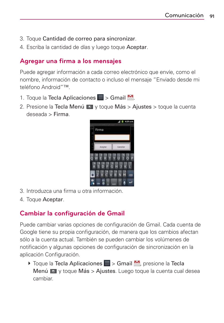 Agregar una ﬁrma a los mensajes, Cambiar la conﬁguración de gmail | LG AS680 User Manual | Page 272 / 372