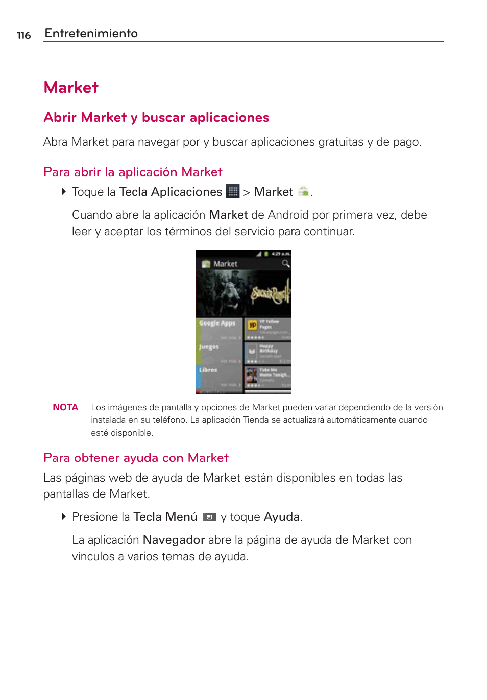 Market, Abrir market y buscar aplicaciones | LG AS680 User Manual | Page 297 / 372