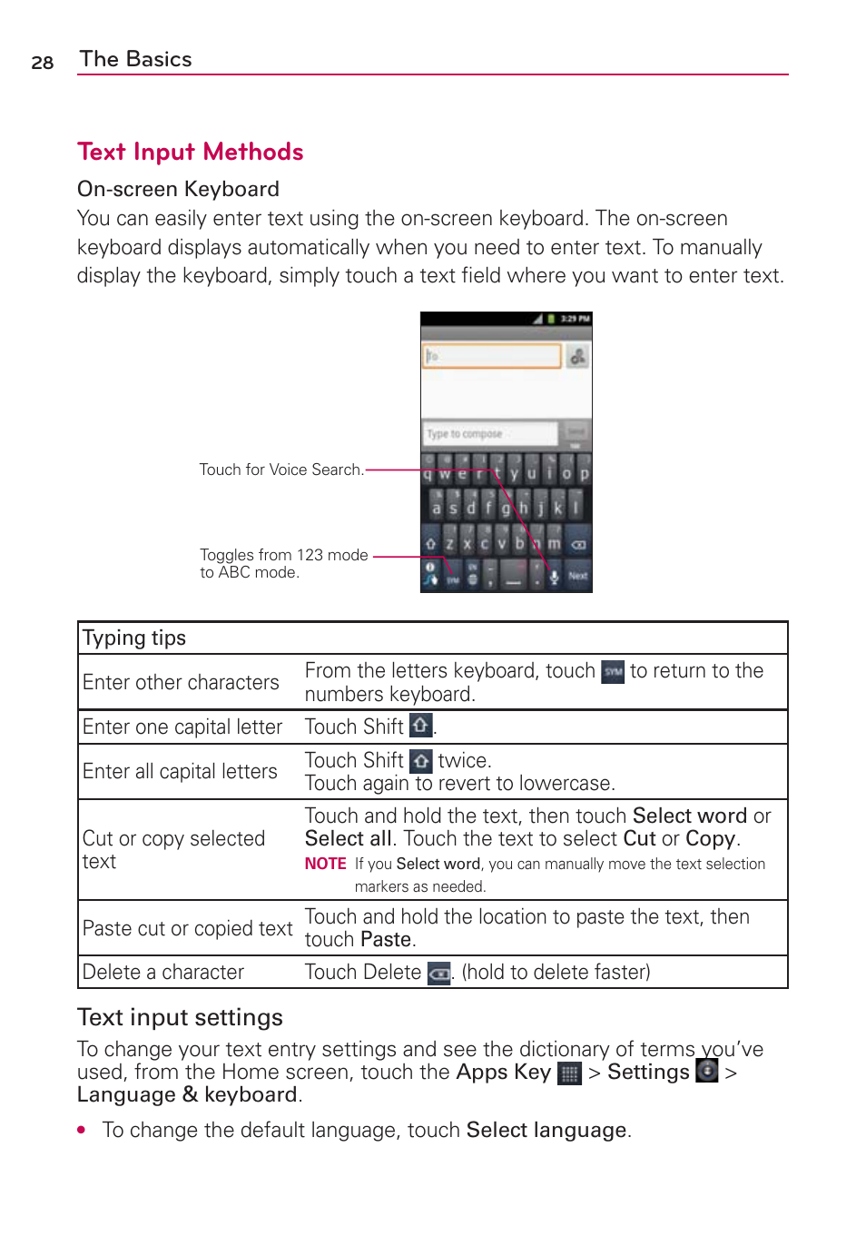 Text input methods, The basics, Text input settings | LG AS680 User Manual | Page 30 / 372