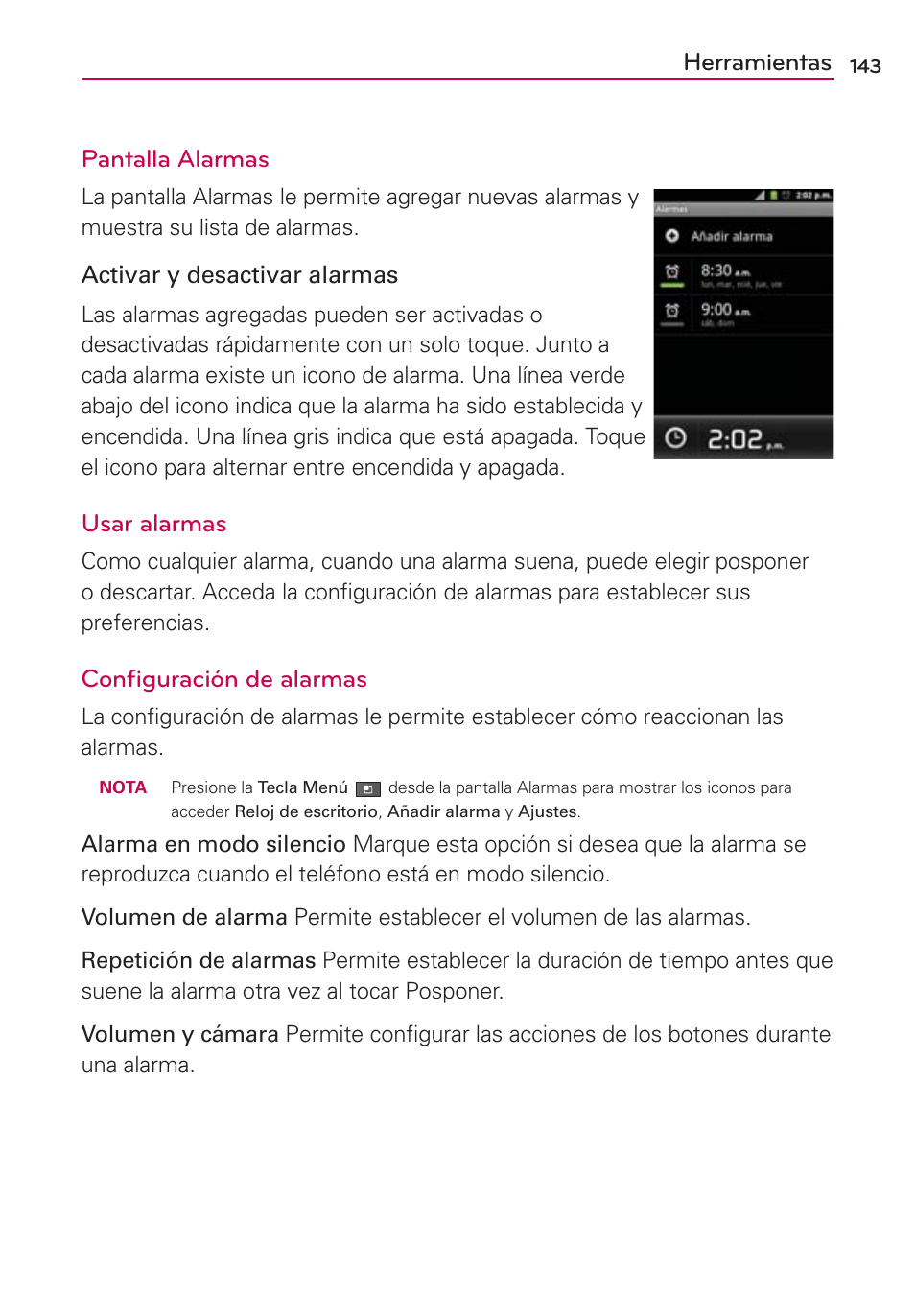 Herramientas pantalla alarmas, Usar alarmas, Conﬁguración de alarmas | LG AS680 User Manual | Page 324 / 372