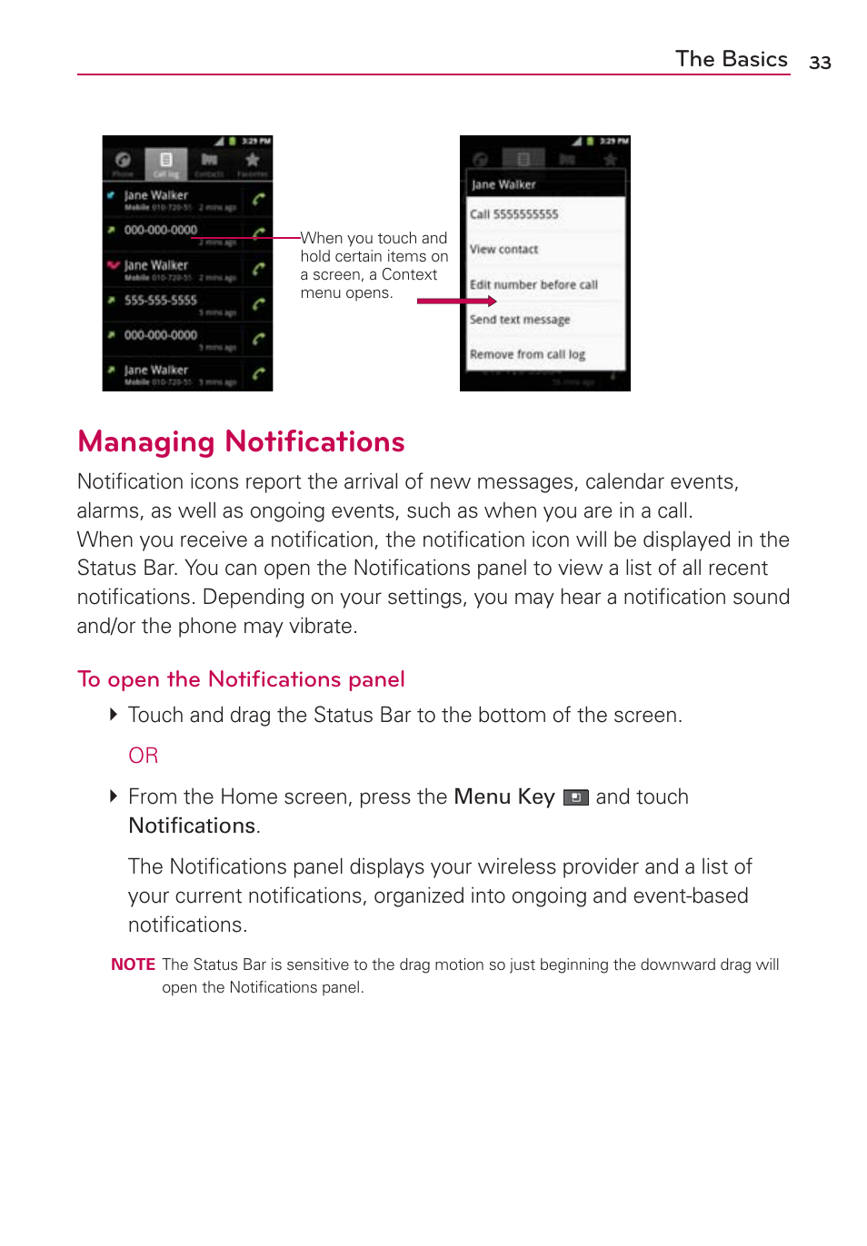 Managing notifications, Managing notiﬁcations, The basics | LG AS680 User Manual | Page 35 / 372