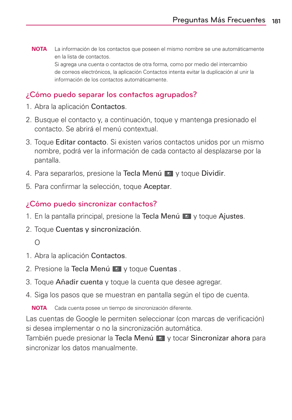 Preguntas más frecuentes, Cómo puedo separar los contactos agrupados, Cómo puedo sincronizar contactos | LG AS680 User Manual | Page 362 / 372