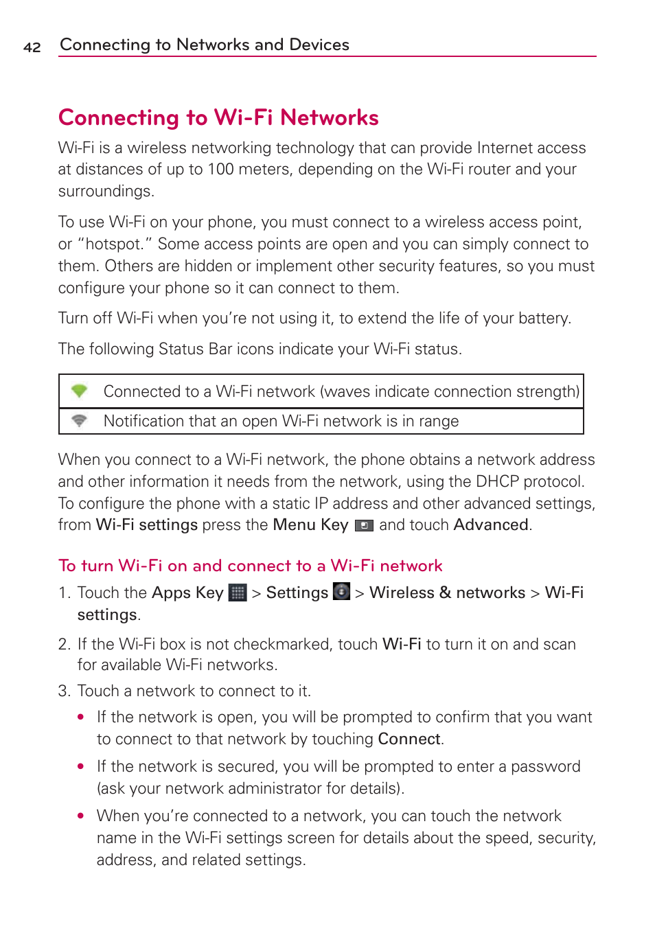 Connecting to wi-fi networks, Connecting to networks and devices | LG AS680 User Manual | Page 44 / 372