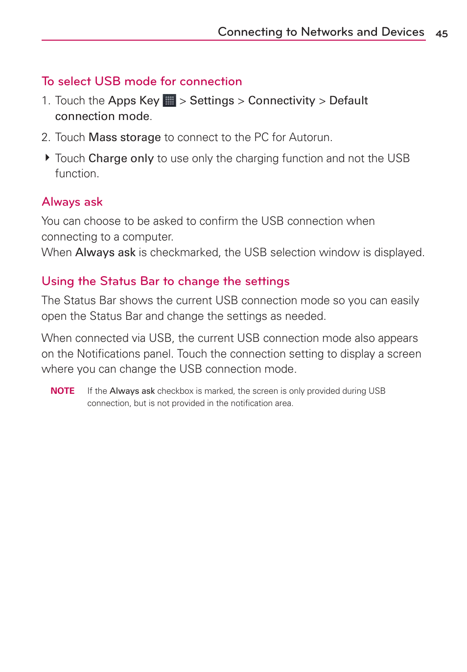 Always ask, Using the status bar to change the settings | LG AS680 User Manual | Page 47 / 372
