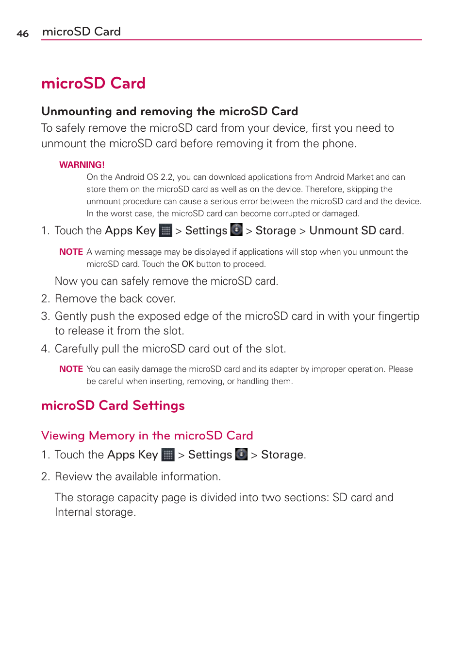 Microsd card, Microsd card settings, Unmounting and removing the microsd card | LG AS680 User Manual | Page 48 / 372