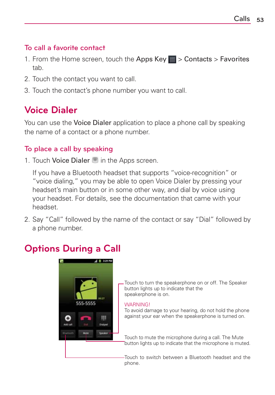 Voice dialer, Options during a call | LG AS680 User Manual | Page 55 / 372