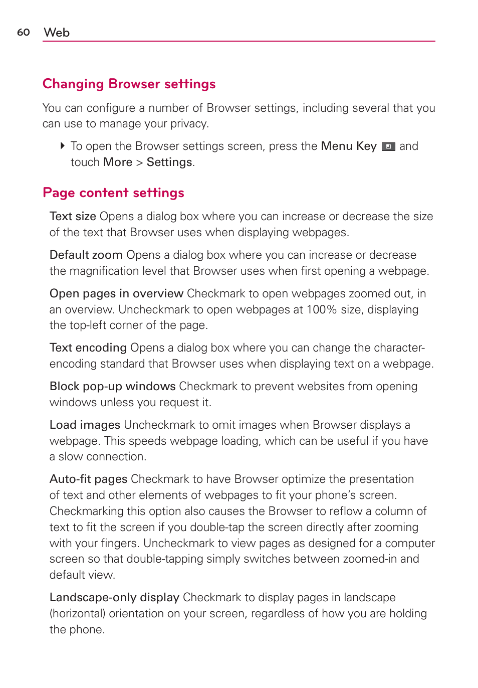 Changing browser settings, Page content settings | LG AS680 User Manual | Page 62 / 372