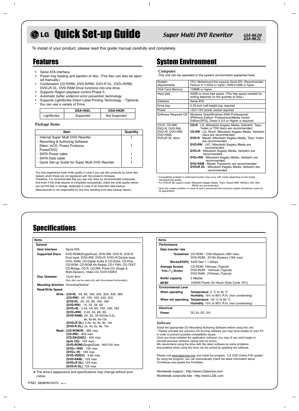 Quick set-up guide, Features, System environment | Specifications, Super multi dvd rewriter | LG GSA-H62L User Manual | Page 3 / 4