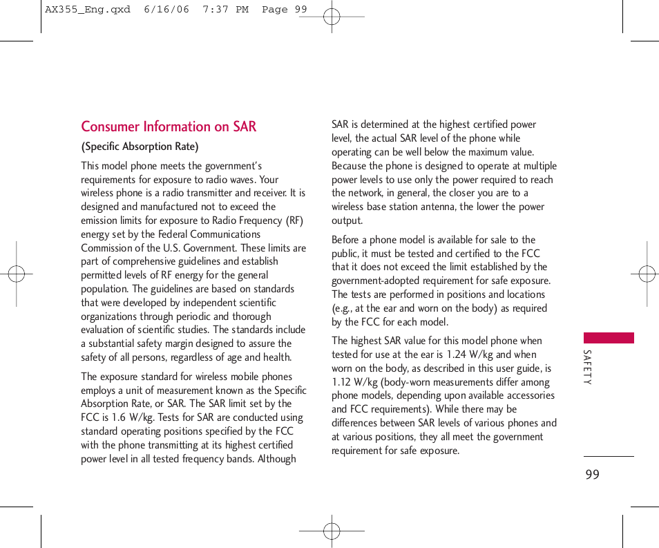 Consumer information on sar | LG LGAX355 User Manual | Page 101 / 110