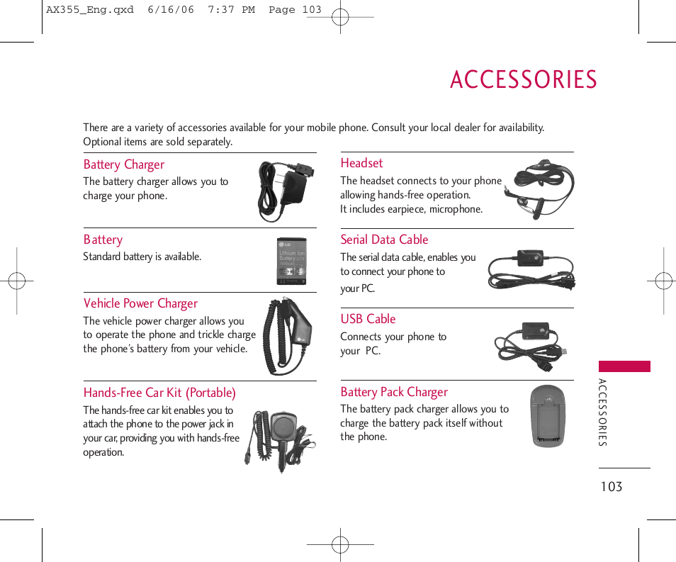 Accessories | LG LGAX355 User Manual | Page 105 / 110