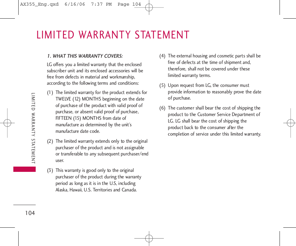 Limited warranty statement | LG LGAX355 User Manual | Page 106 / 110