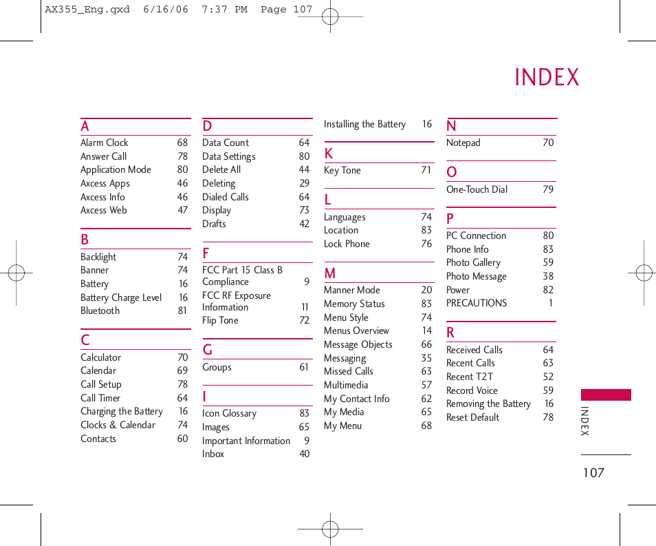 Index | LG LGAX355 User Manual | Page 109 / 110