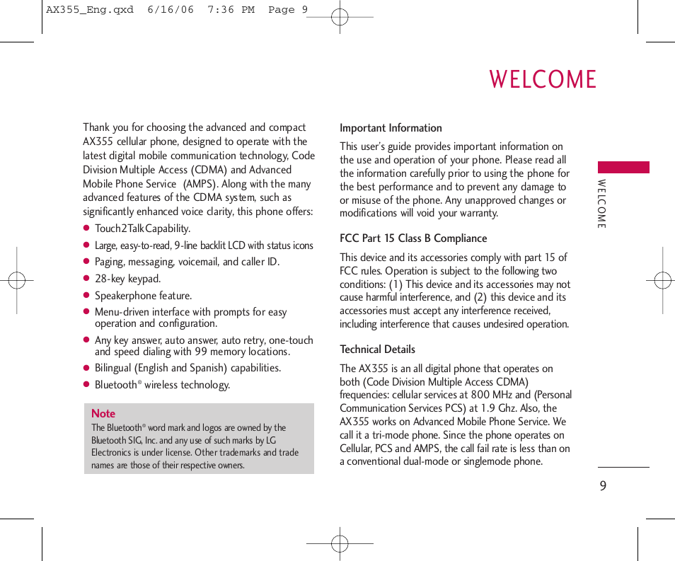 Welcome | LG LGAX355 User Manual | Page 11 / 110