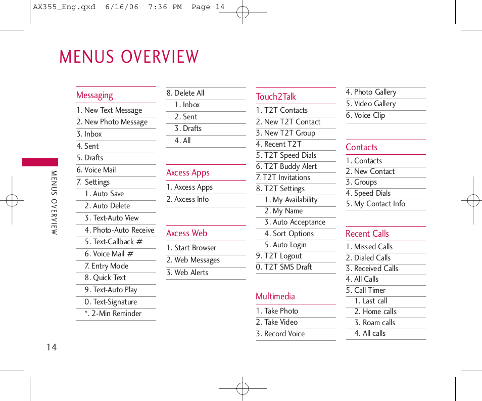 Menus overview | LG LGAX355 User Manual | Page 16 / 110