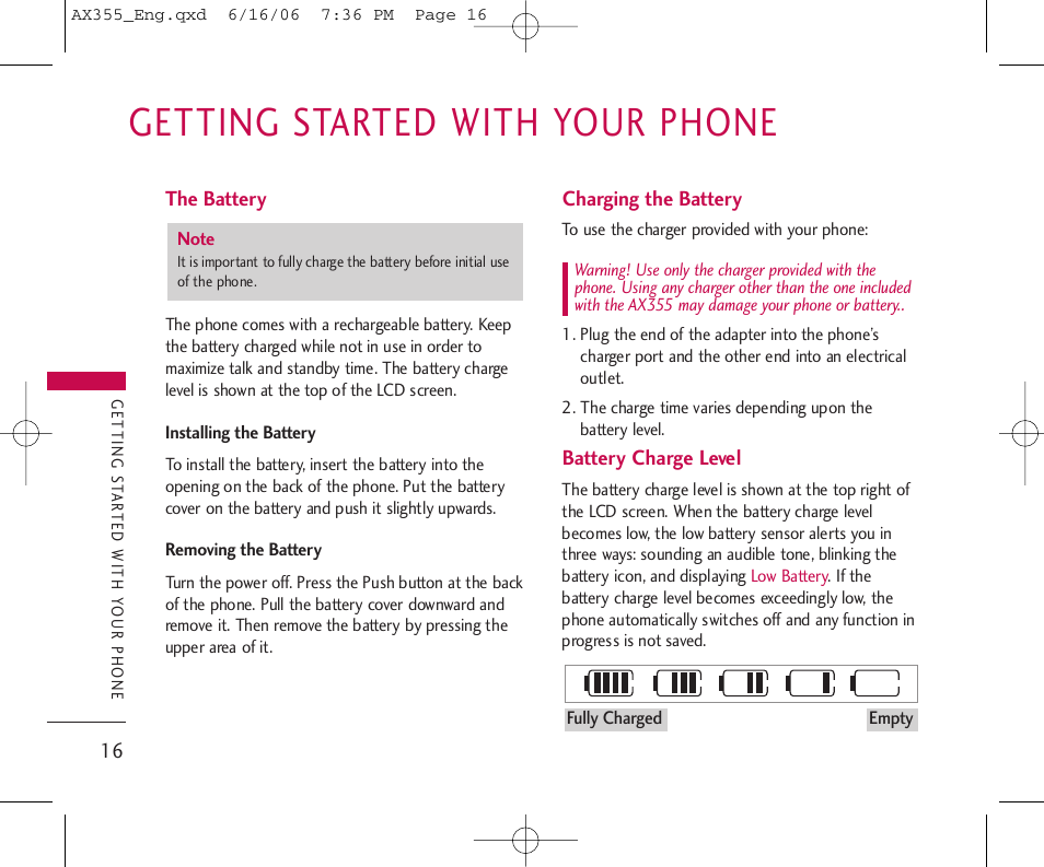 Getting started with your phone | LG LGAX355 User Manual | Page 18 / 110