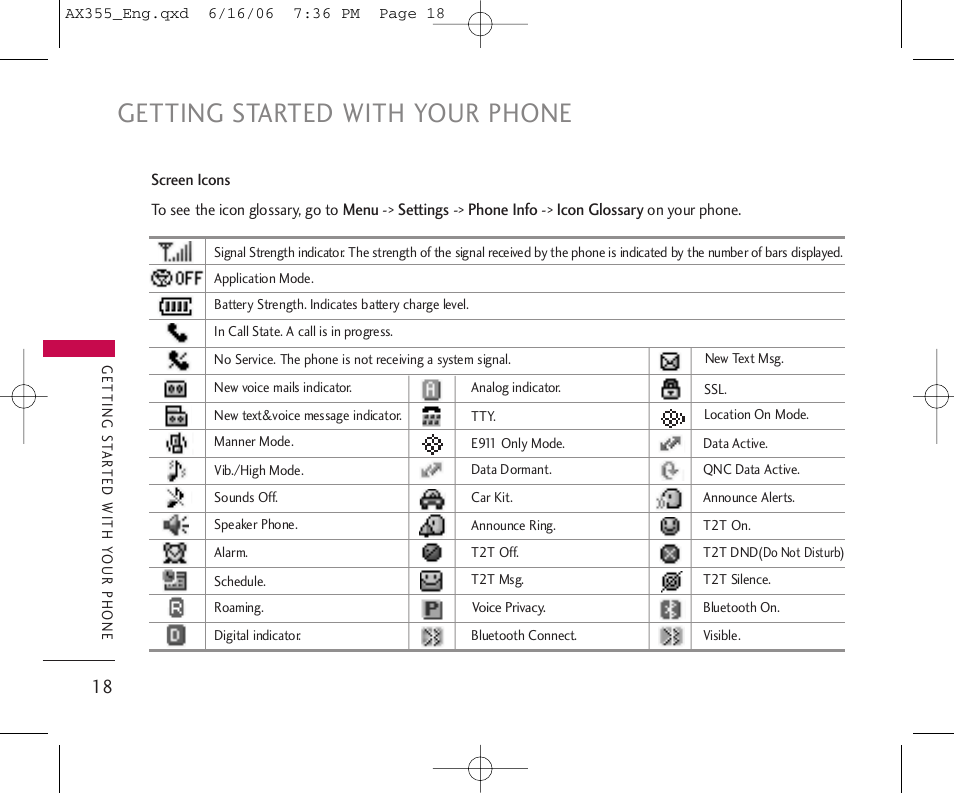 Getting started with your phone | LG LGAX355 User Manual | Page 20 / 110