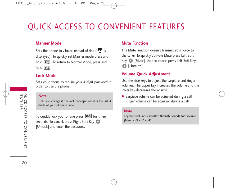Quick access to convenient features | LG LGAX355 User Manual | Page 22 / 110