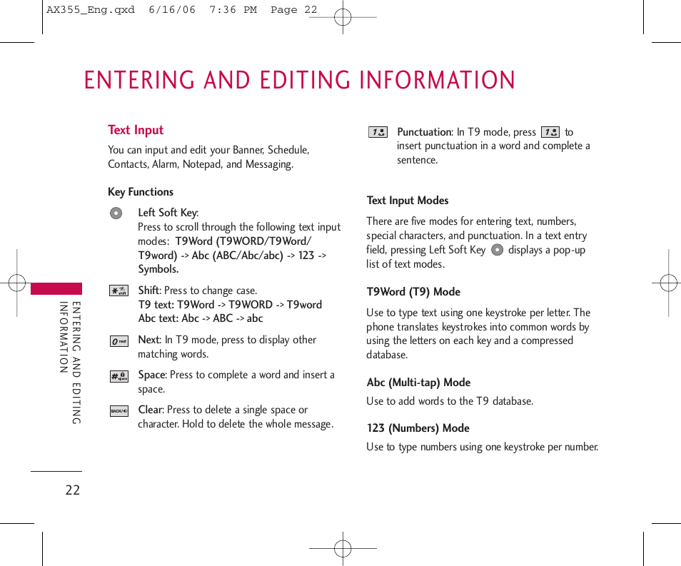 Entering and editing information | LG LGAX355 User Manual | Page 24 / 110