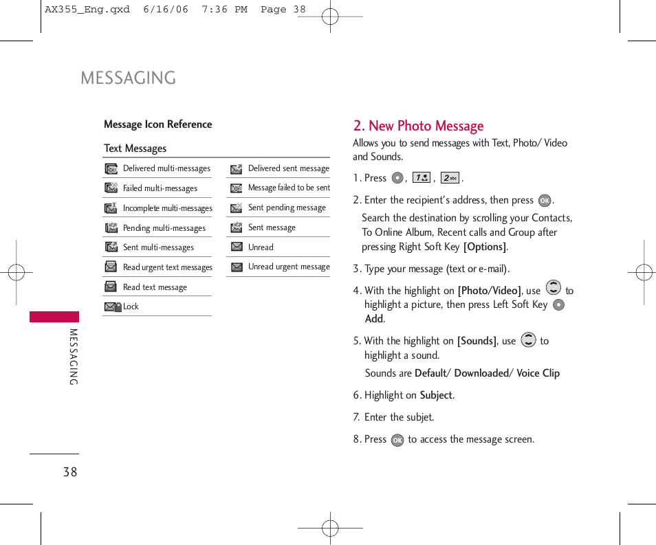 Messaging, New photo message | LG LGAX355 User Manual | Page 40 / 110