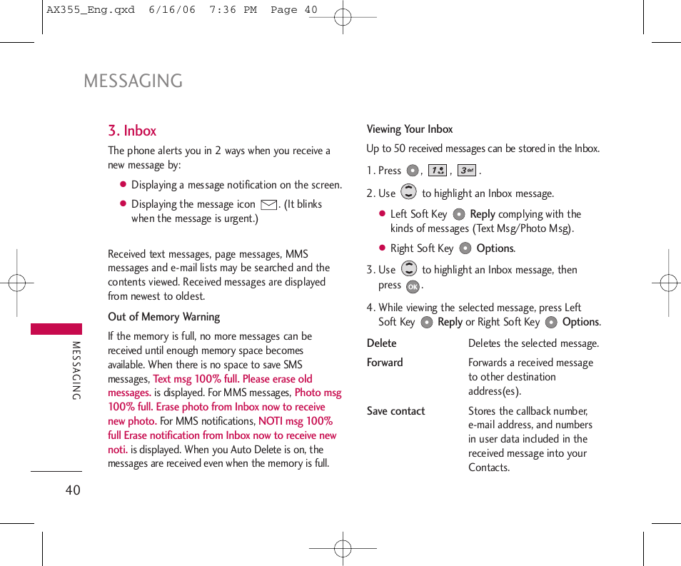 Messaging, Inbox | LG LGAX355 User Manual | Page 42 / 110