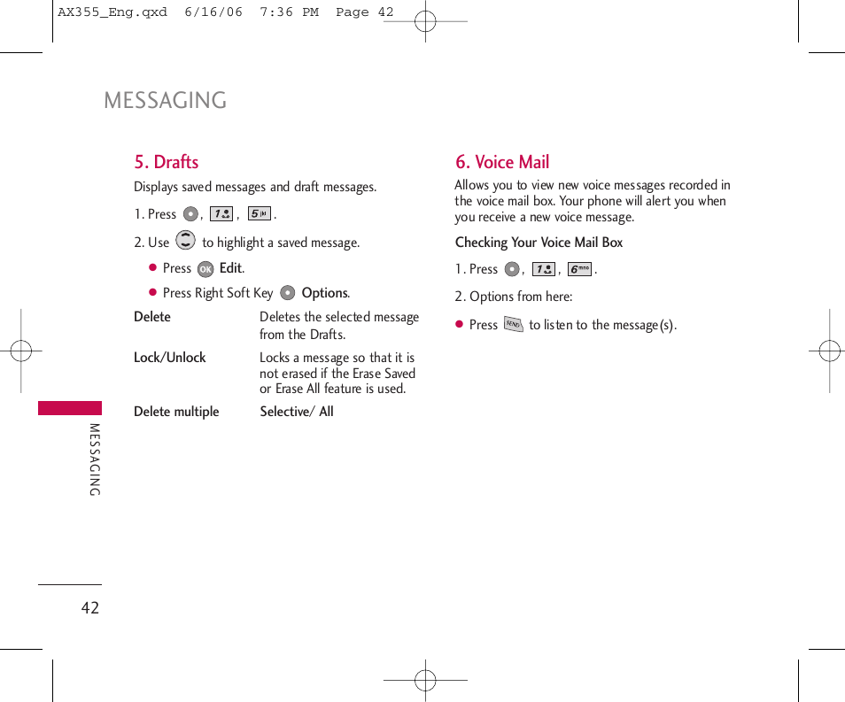 Messaging, Drafts, Voice mail | LG LGAX355 User Manual | Page 44 / 110