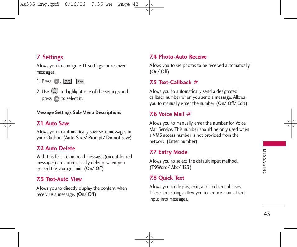 Settings | LG LGAX355 User Manual | Page 45 / 110