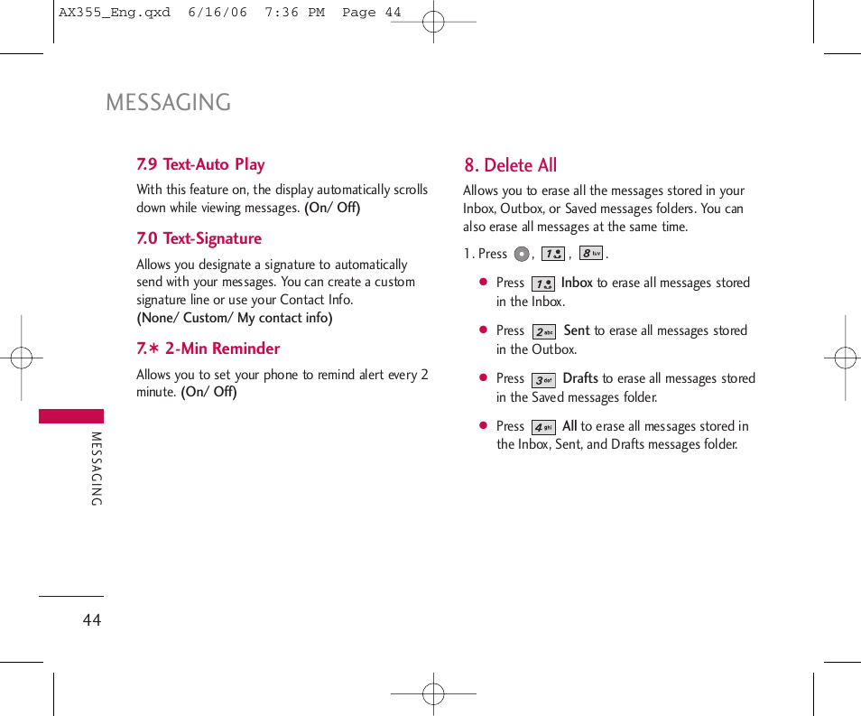 Messaging, Delete all | LG LGAX355 User Manual | Page 46 / 110