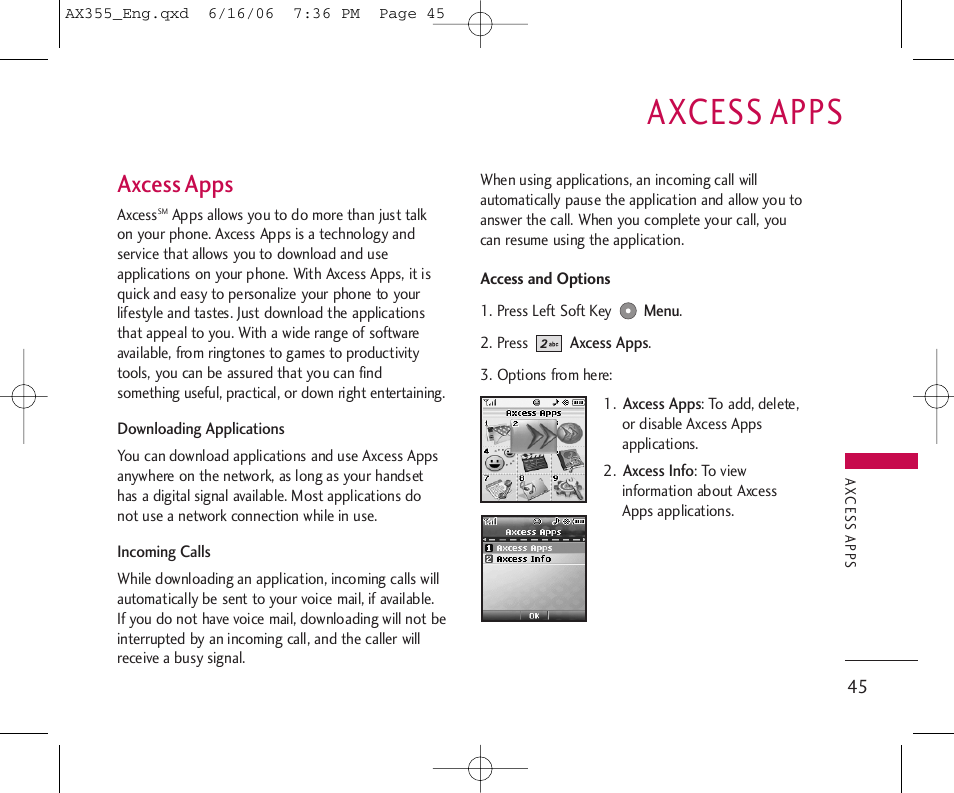 Axcess apps | LG LGAX355 User Manual | Page 47 / 110