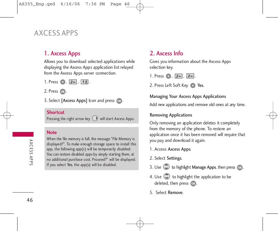 Axcess apps, Axcess info | LG LGAX355 User Manual | Page 48 / 110